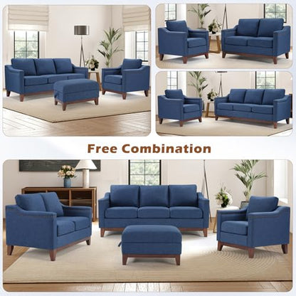 Modern 3 Piece Sofa Set with Rivets, Included Fabric Accent Chair, Upholstered 3-Seater Couches with Solid Wood Legs and Storage Ottoman, Living Room Furniture Set,Blue