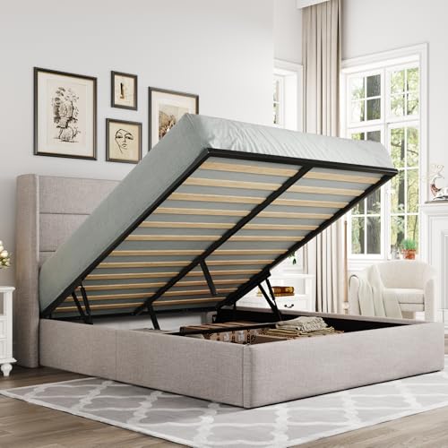Queen Size Lift Up Storage Bed, Modern Wingback Headboard, Hydraulic Support, No Box Spring Needed, Light Beige