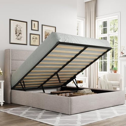 Queen Size Lift Up Storage Bed, Modern Wingback Headboard, Hydraulic Support, No Box Spring Needed, Light Beige