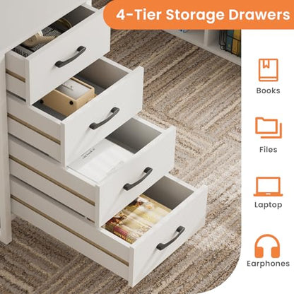 L-shaped Computer Desk with Power Outlets & LED Light, Home Office Desks w 4 Drawers, File Cabinet & Storage Shelves, Executive Desk Gaming Writing Study Table for Home Office, Bedroom, White