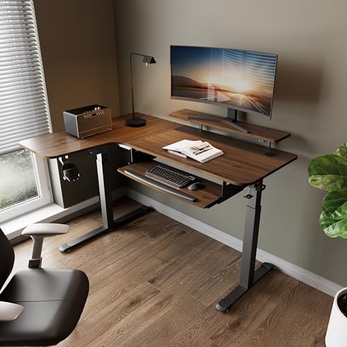 Standing Desk Electric Adjustable Height (61"x43") Computer Desk with Keyboard Tray, Sit Stand Desk L Shaped Desk for Work/Home Office,Dual Motor,Memory Presets,2 USB/RGB,Walnut/Left