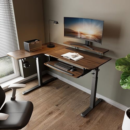 Standing Desk Electric Adjustable Height (61"x43") Computer Desk with Keyboard Tray, Sit Stand Desk L Shaped Desk for Work/Home Office,Dual Motor,Memory Presets,2 USB/RGB,Walnut/Left