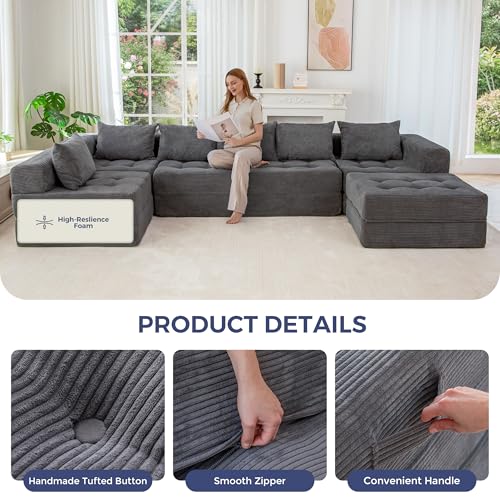 Modular Sectional Sofa Couch, Foldable U Shaped Cloud Couch with Pillows, Tufted 7-Seat Boneless Lounger Floor Sofa Bed for Living Room, No Assembly Required, Dark Grey