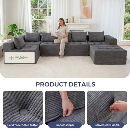Modular Sectional Sofa Couch, Foldable U Shaped Cloud Couch with Pillows, Tufted 7-Seat Boneless Lounger Floor Sofa Bed for Living Room, No Assembly Required, Dark Grey