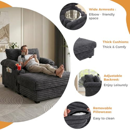 Chaise Lounge Chair with Adjustable Backrest, Storage Ottoman, view 8