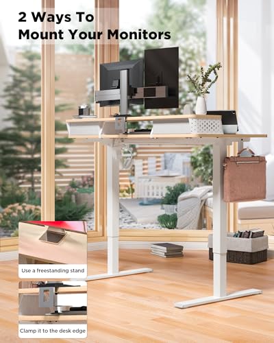 40x24 Inch Standing Desk with Drawers, C-Clamp Mount Compatible, Electric Adjustable Height Computer Small Stand Up Desks, Home Office Sit Stand Table with 3 Preset Heights, Maple