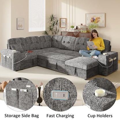 Modular Sectional Sleeper Sofa with Pull Out Bed, 108 Inch U Shaped 7 Seat Couches for Living Room, Chenille Fabric Cloud Couch Bed with Storage & Reclining Backrest, USB Charging, Grey
