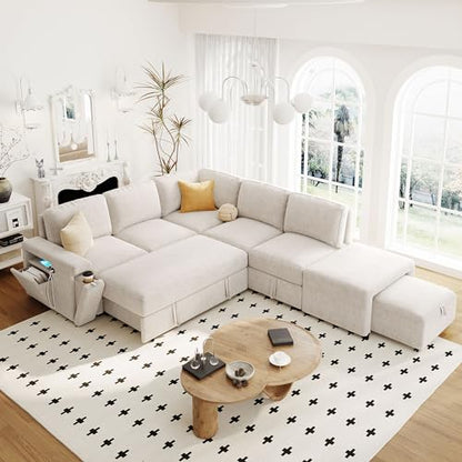 L-Shaped Modular Sofa with Removable Storage Ottoman, USB Ports and Cup Holder, Upholstered Sectional Couch & Armrest, Free Combination Indoor Furniture for Living Room, Apartments, Beige