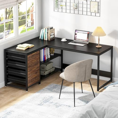 59-Inch L Shaped Desk with Drawers, Large Computer Desk with Storage Shelves, Reversible L-Shaped Corner Desk Workstation for Home Office