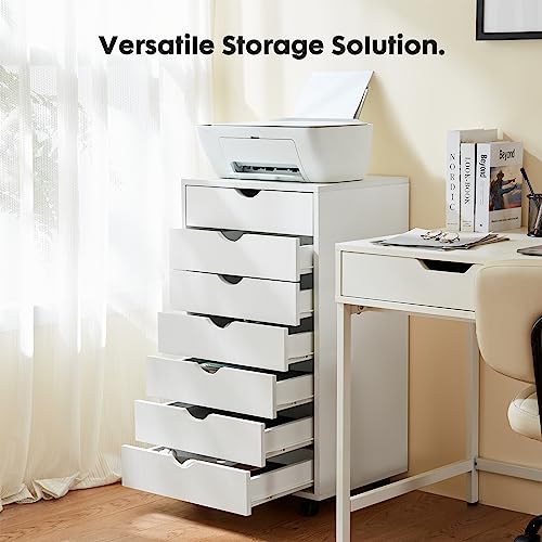 7 Drawer Chest, Storage Cabinet Dressers with Wheels, Dressers Storage Cabinets, Dresser Mobile Cabinet with Wheels, Room Organizer, Small Drawers Wood Organization Furniture for Office, Home, White