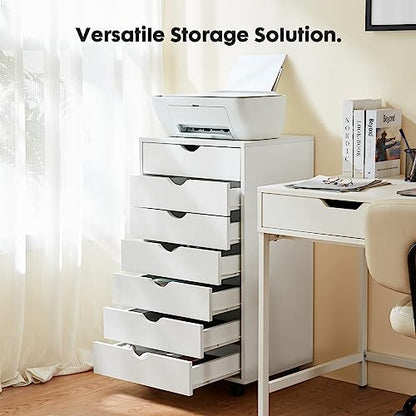7 Drawer Chest, Storage Cabinet Dressers with Wheels, Dressers Storage Cabinets, Dresser Mobile Cabinet with Wheels, Room Organizer, Small Drawers Wood Organization Furniture for Office, Home, White