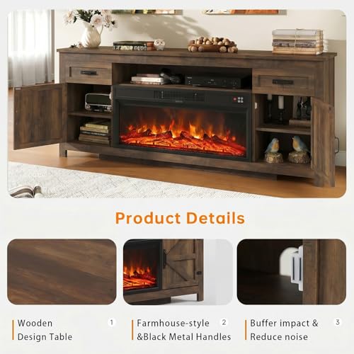 Fireplace TV Stand, 70" Farmhouse TV Stand with Barn Door for 80" TVs, view 5