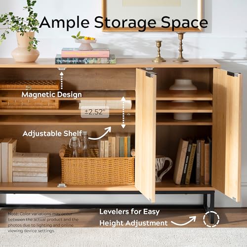 Fluted Storage Cabinet with 3 Doors, Sideboard Buffet Cabinets, Modern Accent Cabinets with Adjustable Shelves, Wooden Credenza Console Table Cabinet for Living Dining Room, Natural Oak