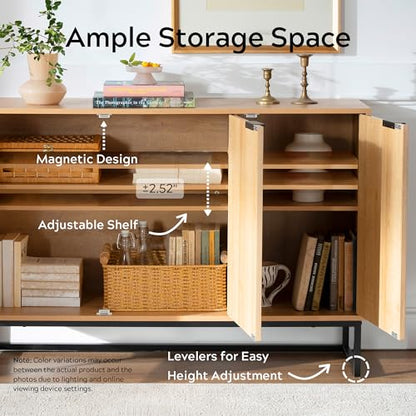 Fluted Storage Cabinet with 3 Doors, Sideboard Buffet Cabinets, Modern Accent Cabinets with Adjustable Shelves, Wooden Credenza Console Table Cabinet for Living Dining Room, Natural Oak