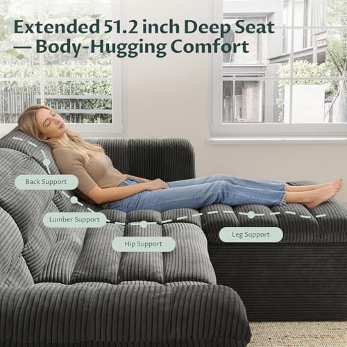 112" Modular Cloud Sectional Couch with Ottoman, Modern Upholstered Compressed Sofa with Deep Seat, Comfy L-Shape Corduroy Couches for Living Room, No Assembly Required, Dark Gray