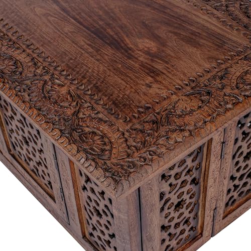 Hand-Carved Wooden Coffee Table – 36x18” Rectangular Mango Wood Center Table with Storage, Natural Burnt Finish, Living Room & Accent Table