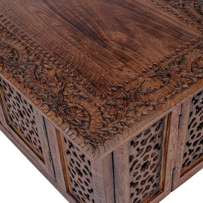 Hand-Carved Wooden Coffee Table – 36x18” Rectangular Mango Wood Center Table with Storage, Natural Burnt Finish, Living Room & Accent Table