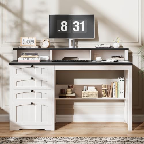 47" Farmhouse Home Office Desk with 4 Drawers, Rustic White and Black, view 4