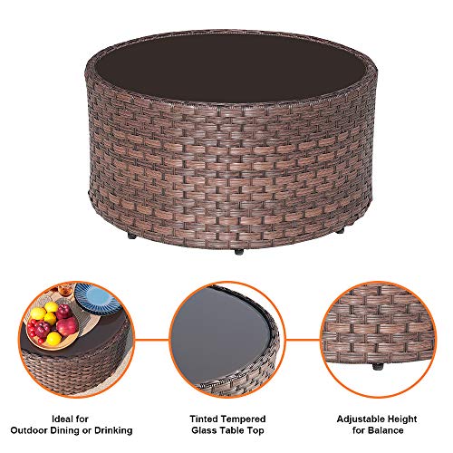 Round Outdoor Coffee Table with Tempered Glass Top, 28in Rattan PE Resin Wicker Patio Side Table, Brown