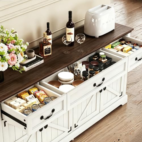 Sideboard Buffet Cabinet with 3 Drawers and 4 Doors,65",White, view 4