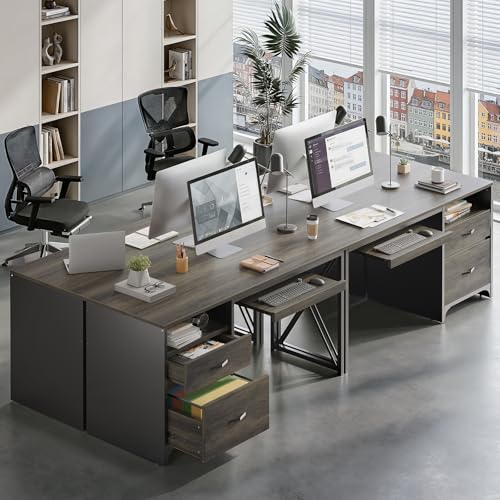 Office Desk with Drawers, 55 inch Industrial Computer Desk with Storage, Wood Teacher Desk with Keyboard Tray & File Drawer for Home Office, Dark Gray Oak