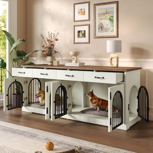 70'' Double Dog Crate Furniture, Indoor Dog Kennel TV Stand,White, view 7