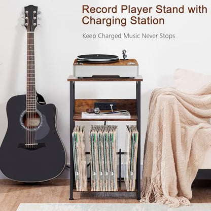Record Player Stand with Charging Station, Vinyl Record Storage, view 5