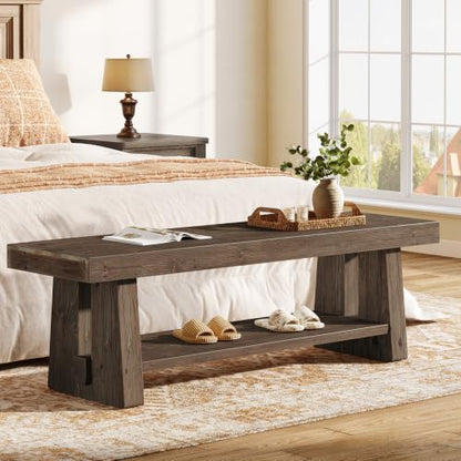 63'' Solid Wood Entryway Bench with Open Shelves, view 7