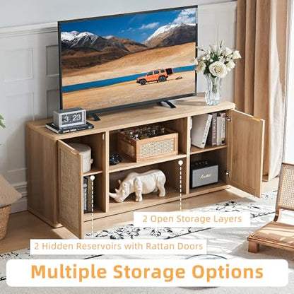 Rattan TV Stands for Living Room, Boho TV Cabinet with Storage and Open Shelf, Rustic Wood Entertainment Center, Media Console for 50-65 Inch TV, Natural Wood