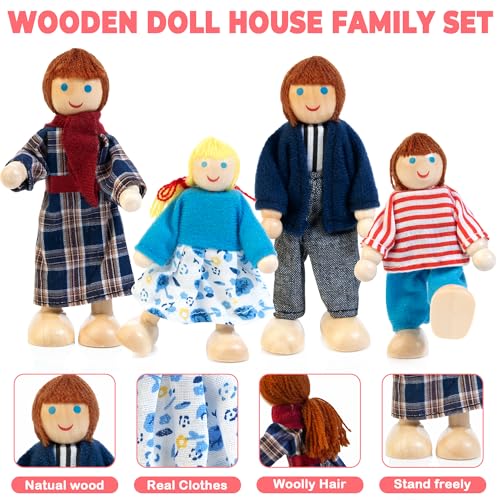 Wooden Dollhouse Furniture Set with 4 Family Dolls, 26 Pcs Pretend Play Dollhouse Accessories for 4 Rooms, Pink Furniture Toys Birthday Gifts for Girls Boys Age 3+