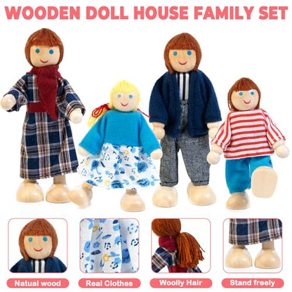 Wooden Dollhouse Furniture Set with 4 Family Dolls, 26 Pcs Pretend Play Dollhouse Accessories for 4 Rooms, Pink Furniture Toys Birthday Gifts for Girls Boys Age 3+