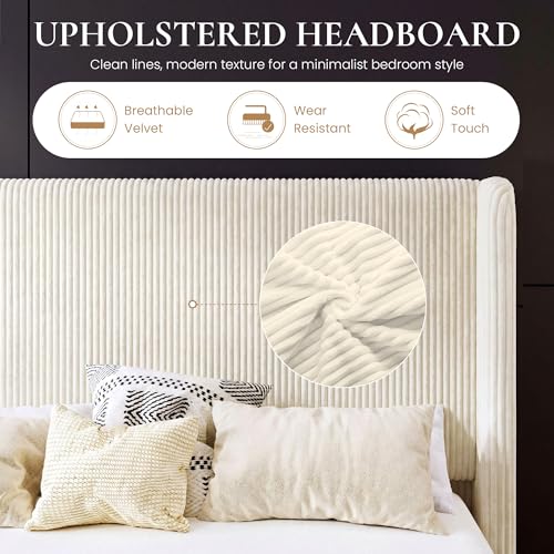 Queen Corduroy Platform Bed with Tufted Wingback Headboard/Cream, view 7