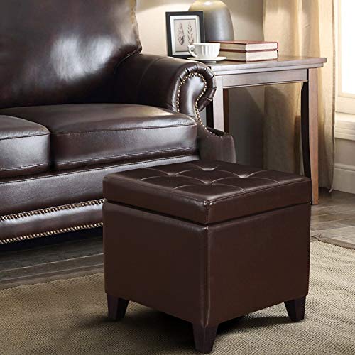 Leather Square Ottoman with Storage and Brown Legs, view 6