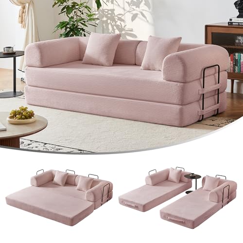 79" 5-in-1 Convertible Sofa Bed No Assembly, Boneless Couch Bed with High Density Foam, Foldable Sleeper Sofa, Corduroy Modular Couch for Apartment, Studio, Dorm Room, Small Space,Pink
