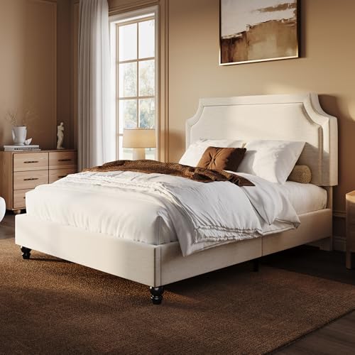 Queen Chenille Upholstered Platform Bed Frame, Beige, view 5