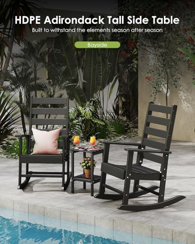 Tall-Outdoor-Side-Table | 23.5" | HDPE Plastic | Patio Adirondack End Tables | All Weather | 2-Tier | Black | for Porch Garden Indoor & Rocking Chairs