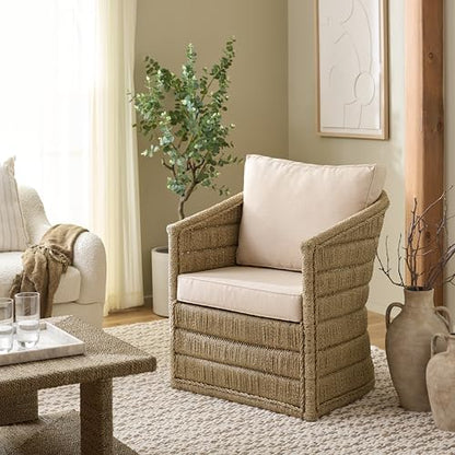 SAFAVIEH Couture Collection - Aikan Woven Seagrass Accent Chair, Natural & White, Coastal Modern Design, Fully Assembled (CWK2017A)