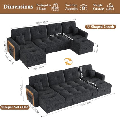 107'' LED Sectional Sleeper Sofa with Pull Out Couch Bed, U Shaped Couch with Storage Chaise, Adjustable Backrest & USB & 2 Pillows, Modern Chenille Home Sofa Living Room Furniture Set, Black