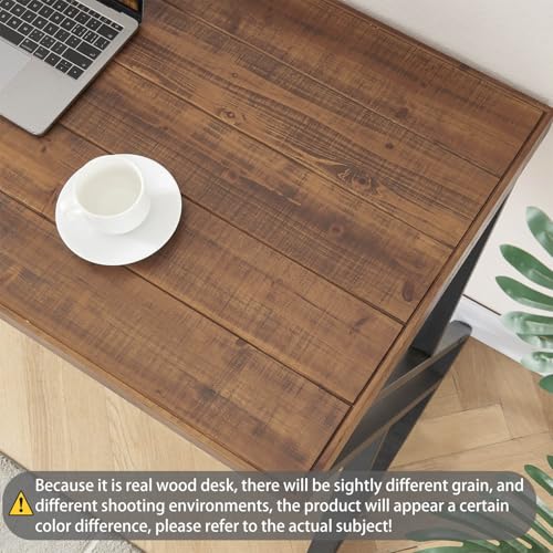 Solid Wood Computer Desk, Modern Real Wood Home Office Desk, Long Rustic Farmhouse Natural Wood Writing Desk, Executive Workstation PC Desk Table for Living Room Bedroom, Brown, 55 inch