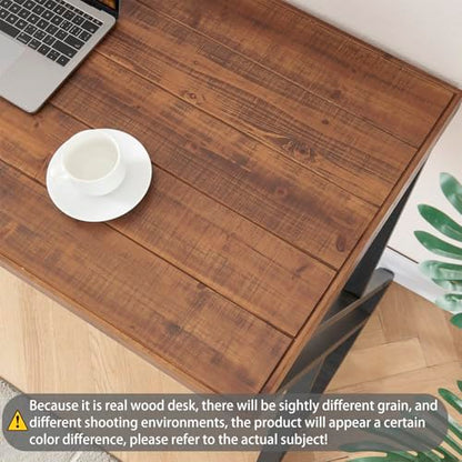 Solid Wood Computer Desk, Modern Real Wood Home Office Desk, Long Rustic Farmhouse Natural Wood Writing Desk, Executive Workstation PC Desk Table for Living Room Bedroom, Brown, 55 inch