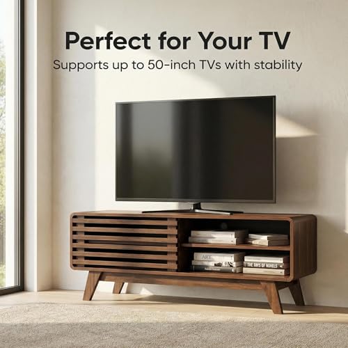 46" Mid-Century Modern TV Stand with Slatted Sliding Doors, view 7