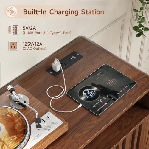 59"Large Vinyl Record Cabinet with Built-in Charging Station, Walnut, view 5