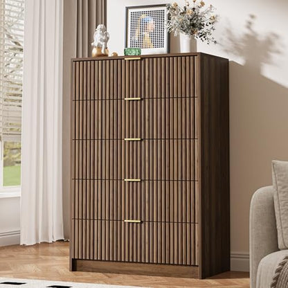 5 Drawer Dresser for Bedroom, Tall Dresser Chest of Drawers with Gold Handles, view 2