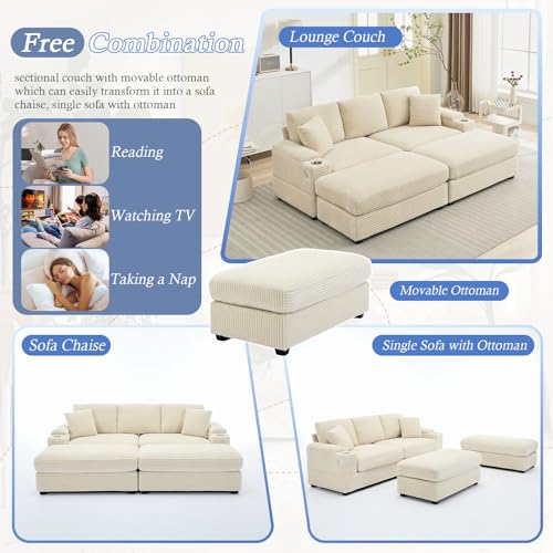 86.6" Sectional Sofa Couch with 2 Ottomans, Comfy Corduroy Upholstered Cloud Modular Convertible Couch with Cup Holders and USB, Armrest Storage, Deep Seat Oversized Loveseat for Living Room, Beige