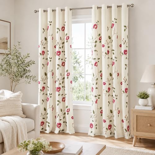 Grommet Curtains 84 Inch Length Red Floral Embroidered Elegant Window Drapes for Living Room Bedroom, W52xL84, 2 Panels