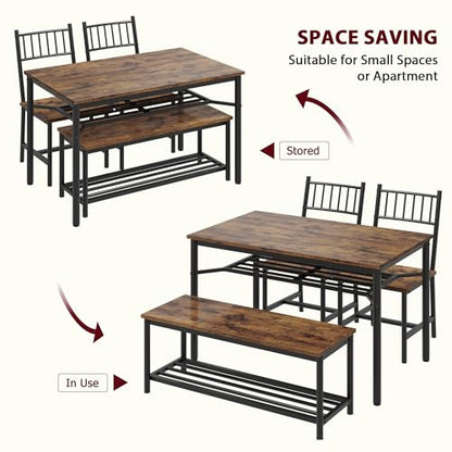 Dining Table Set for 4, Kitchen Table and Chairs for 4 with Wine Rack, Rectangular Dining Room Table Set with Bench, 4 Piece Dining Table Set for Small Space, Apartment, Retro Brown