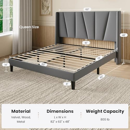 Queen Size Upholstered Platform Bed Frame with Headboard, Grey, view 3