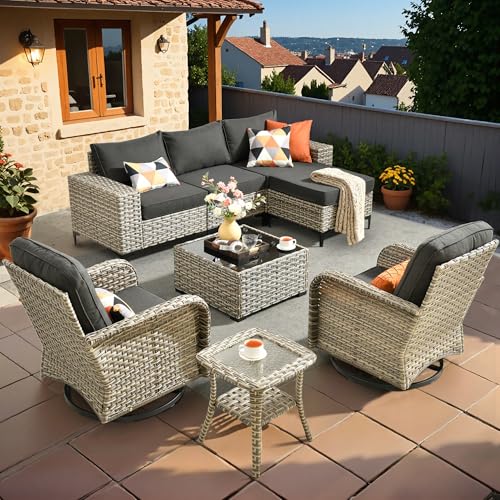 Outdoor Sectional Furniture Set,8 Pieces Wicker Patio Conversation Sets,L Shape All Weather Outside Couch Sofa Set with Swivel Chairs Ottoman,Black