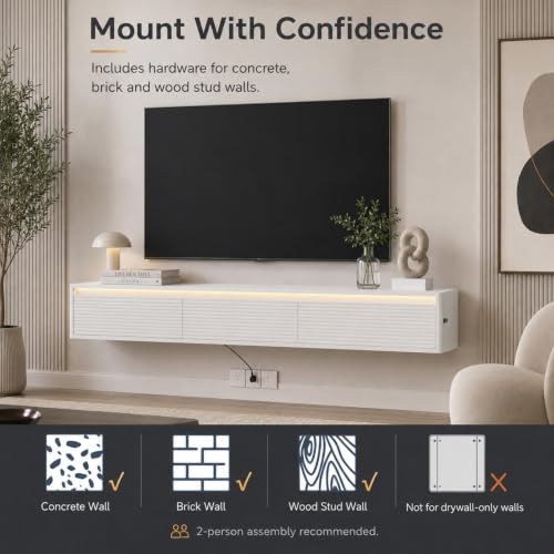 69" Fluted Floating TV Stand Wall Mounted with LED Power Outlets White, view 7