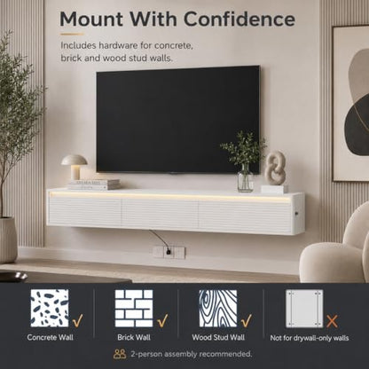 69" Fluted Floating TV Stand Wall Mounted with LED Power Outlets White, view 7